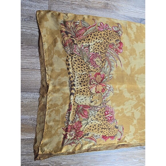 Salvatore Ferragamo Silk Scar Leopard Floral Brown Rectangle Scarf Rolled Hem - Picture 12 of 13